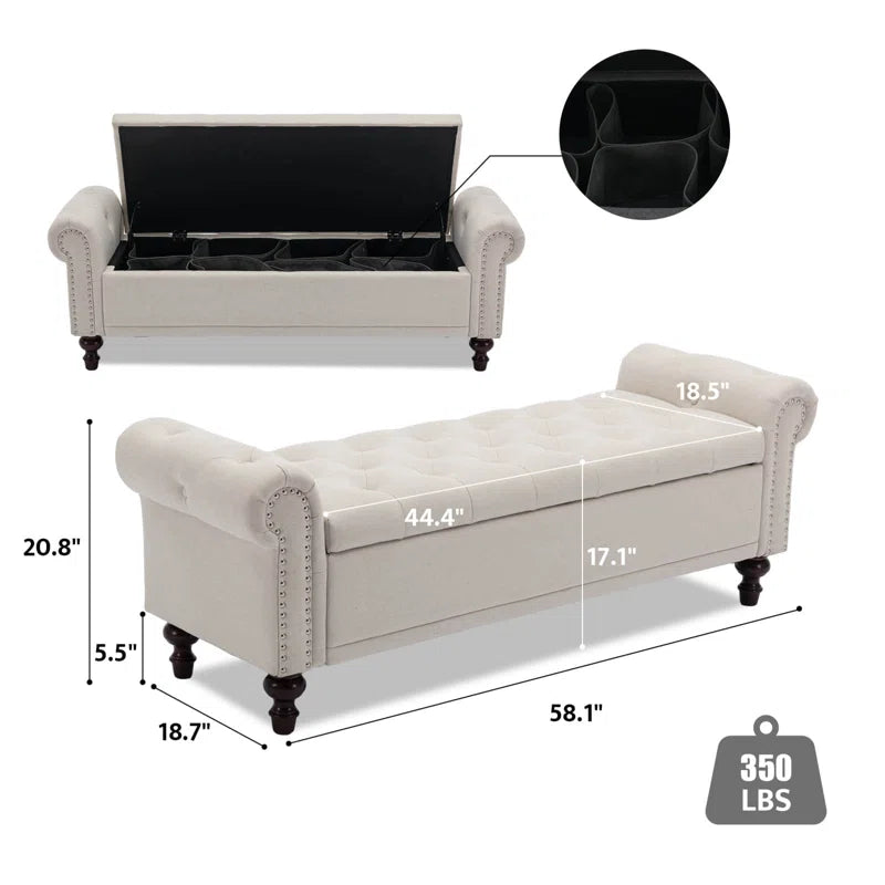 Velvet/Linen Upholstered Storage Bench with Segmented Storage Compartments