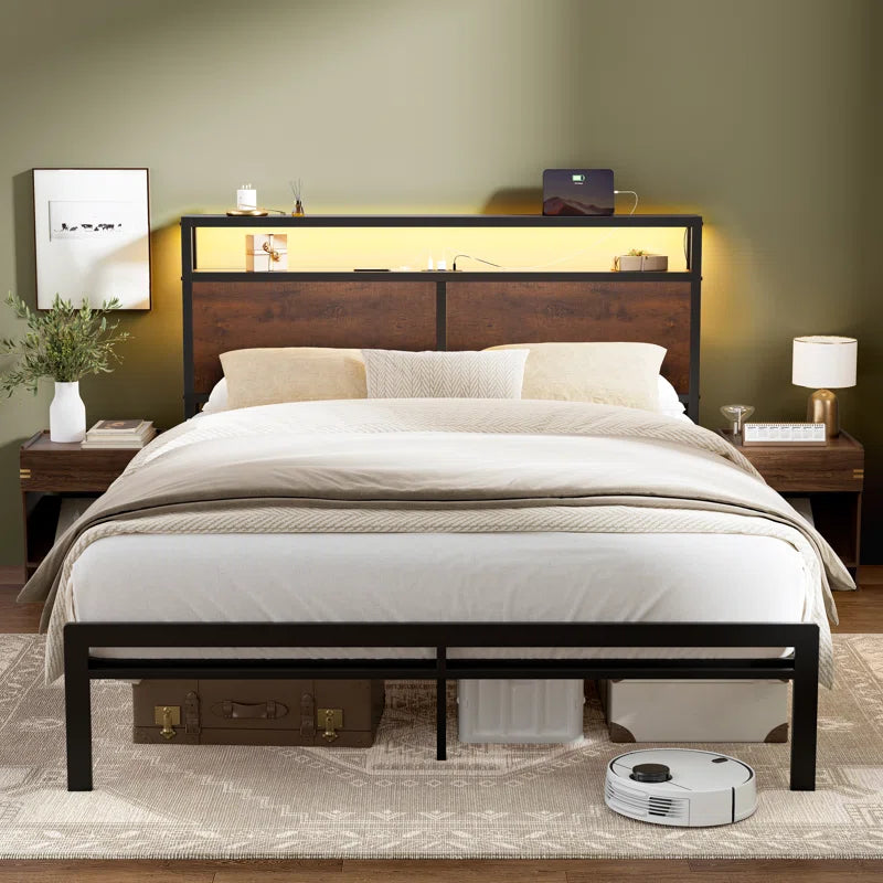 Antioch Bed Frame with LED Light and Charging Station, Metal Frame with Storage Headboard, Large Storage Space, No Spring Box Needed