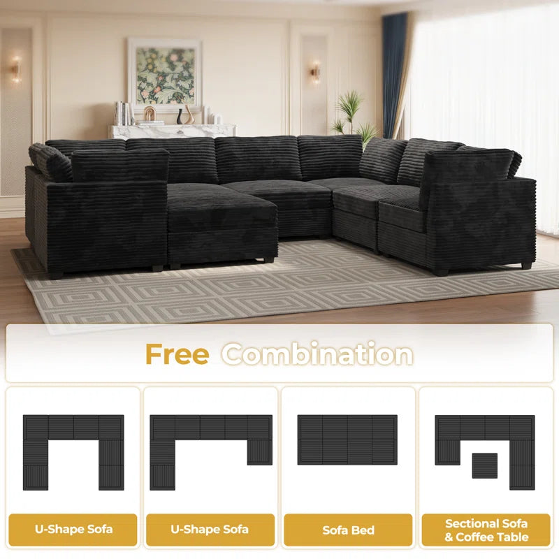 Modular U-Shaped Sectional Plush Corduroy Sofa with Movable Ottoman
