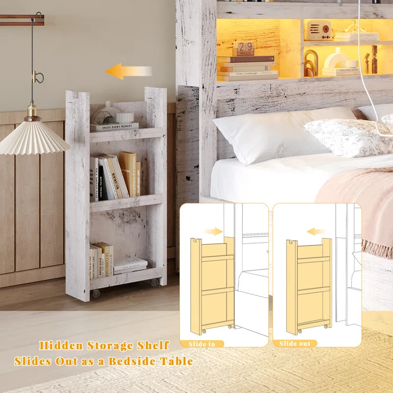 Bed Frame with Bookcase Headboard & 2 Detachable Bedside Stoage Racks & 4 Drawers, Farmhouse Wood Bed Frame with Rgb Led, No Box Spring Needed