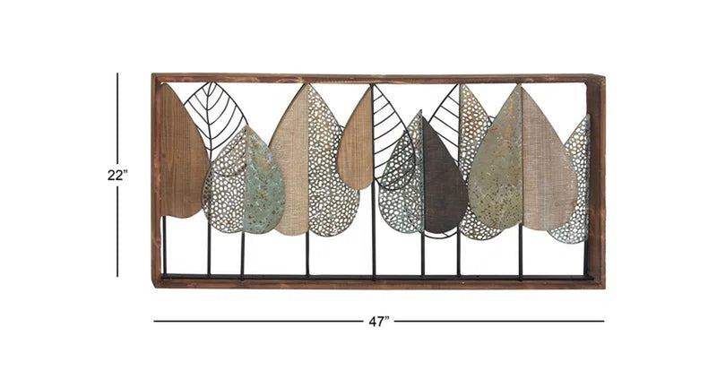 Wood Cutout Leaf Home Wall Decor with Green and Black Metal Wire Accents
