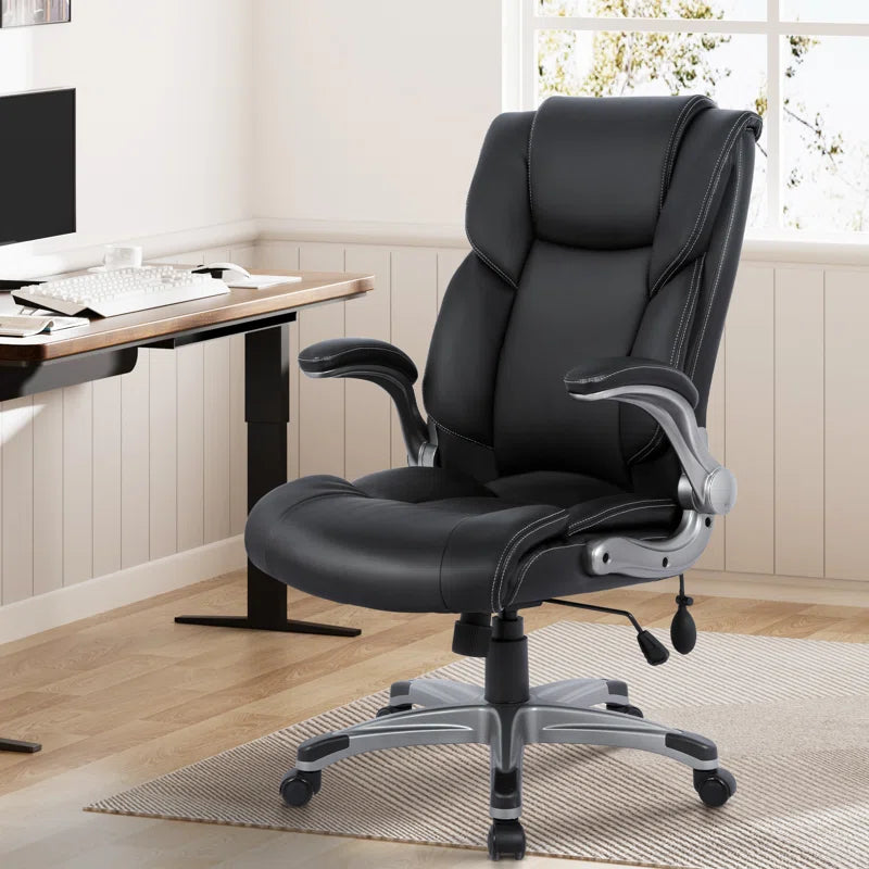 Alira Mid-Back Ergonomic Office Chair - PU Leather Executive Chair with Adjustable Lumbar Support, Flip-Up Armrests & Height Adjustment, Rolling Swivel Chair for Home Office
