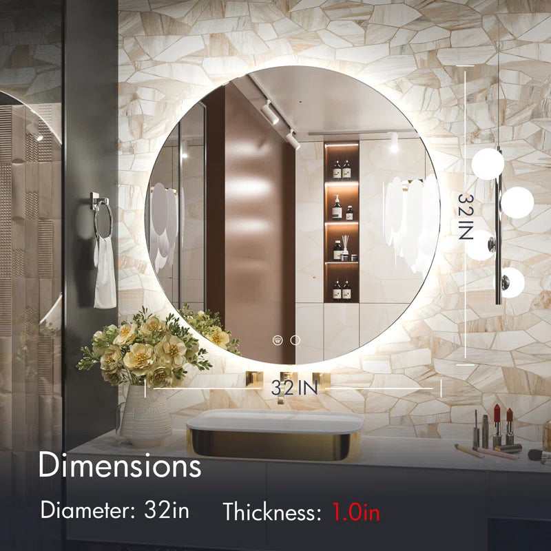 Adorna round Frameless Backlit Mirror, LED Bathroom Vanity Mirror with Dimmable Brightness, Anti-Fog Function, 50000H Lifetime, Shatterproof Film