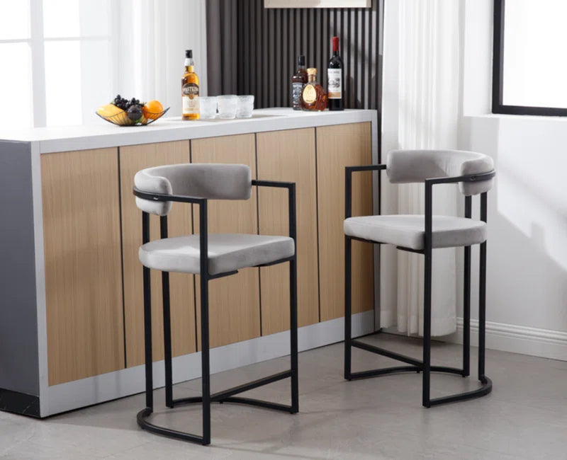 Modern Upholstered Hollow Bar Stool with Armrests and Footrests, Barrel High Stools