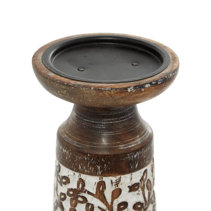 Mango Wood Handmade Minimalistic Bell Shaped Pillar Decorative Brown Candle Holder Set