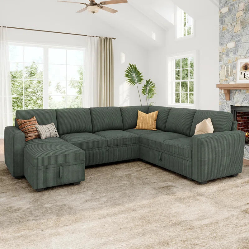 Corduroy Sleeper Sectional U Shaped Modular Sofa Bed with Storage Space