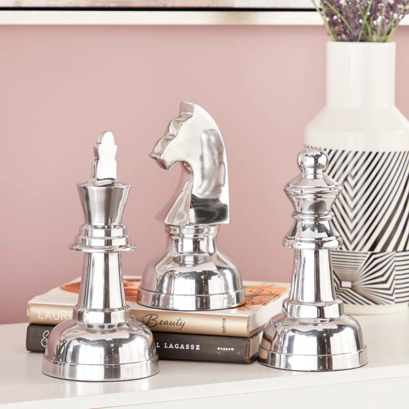 Aluminum Metal Chess Decorative Sculpture with Knight, Queen and King Set
