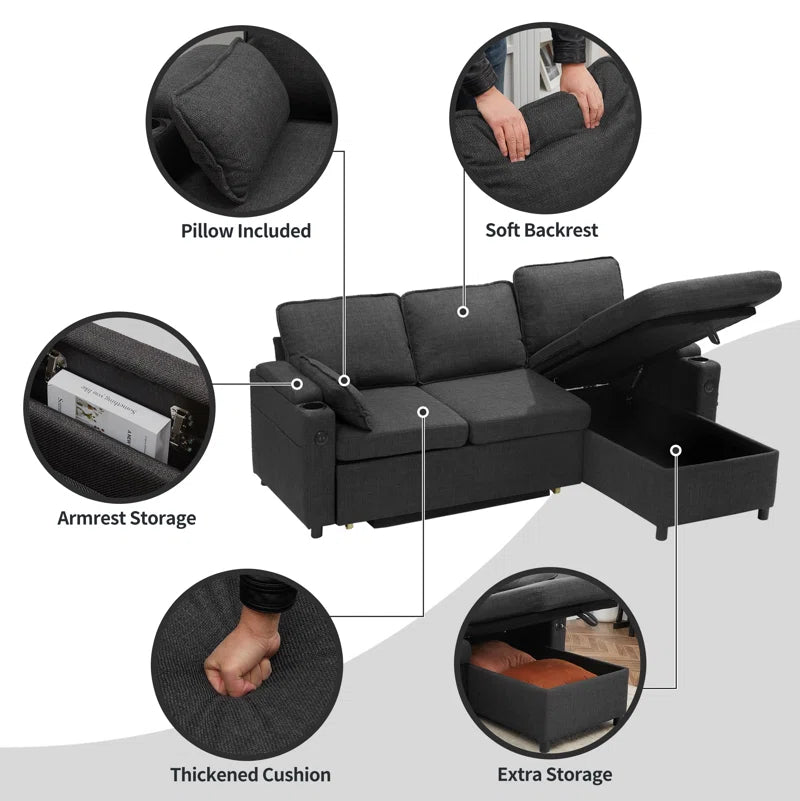 Vesna L-Shape 81" Wide Space-Saving Sleeper Sofa Upholstered Pull-Out Sofa Bed