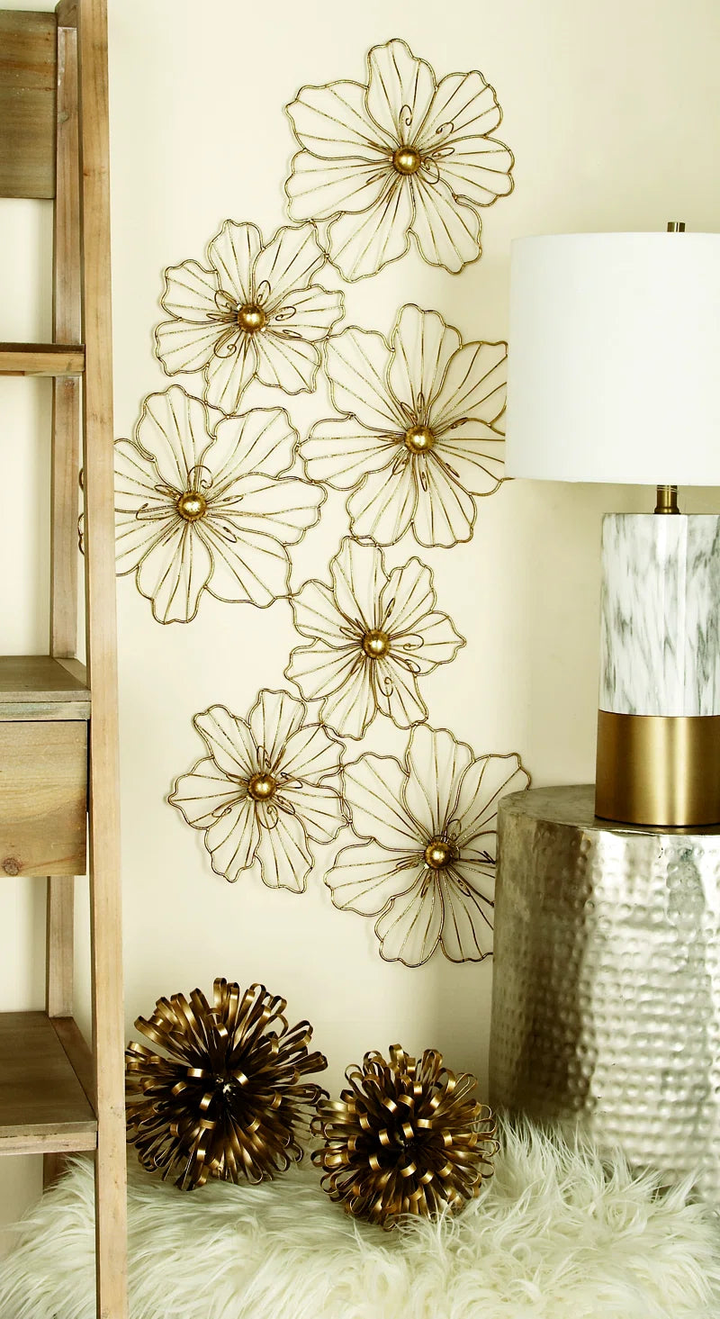 Metal Wire Foiled Floral Home Wall Decor with Scroll Accents