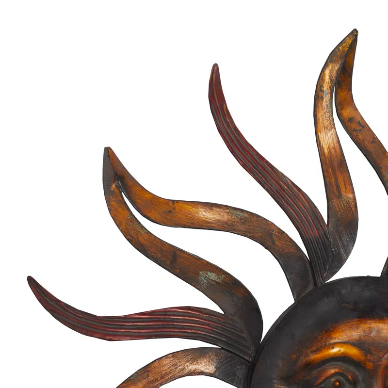 Metal Sun Home Wall Decor with Distressed Copper like Finish