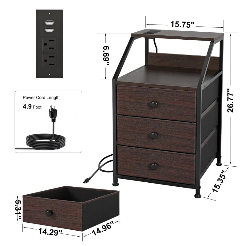 Sereena Nightstand with 3 Drawers & 2 USB Ports, Bedside Table with Outlets, Stable Metal Frame