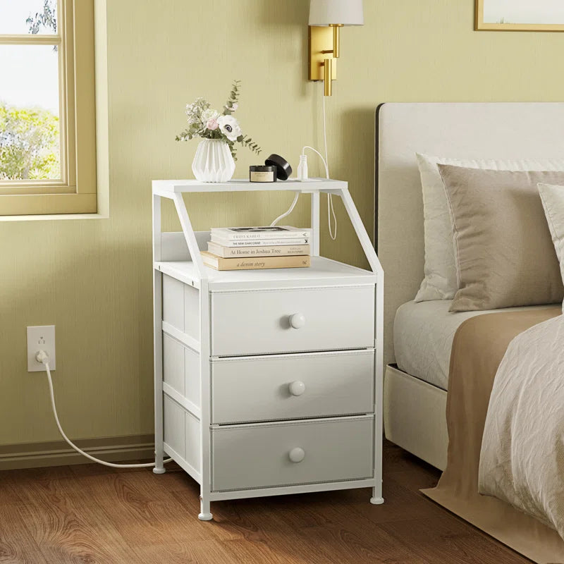 Sereena Nightstand with 3 Drawers & 2 USB Ports, Bedside Table with Outlets, Stable Metal Frame