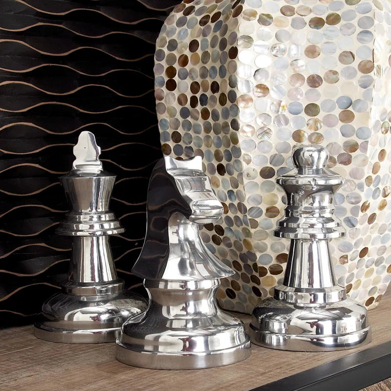 Aluminum Metal Chess Decorative Sculpture with Knight, Queen and King Set