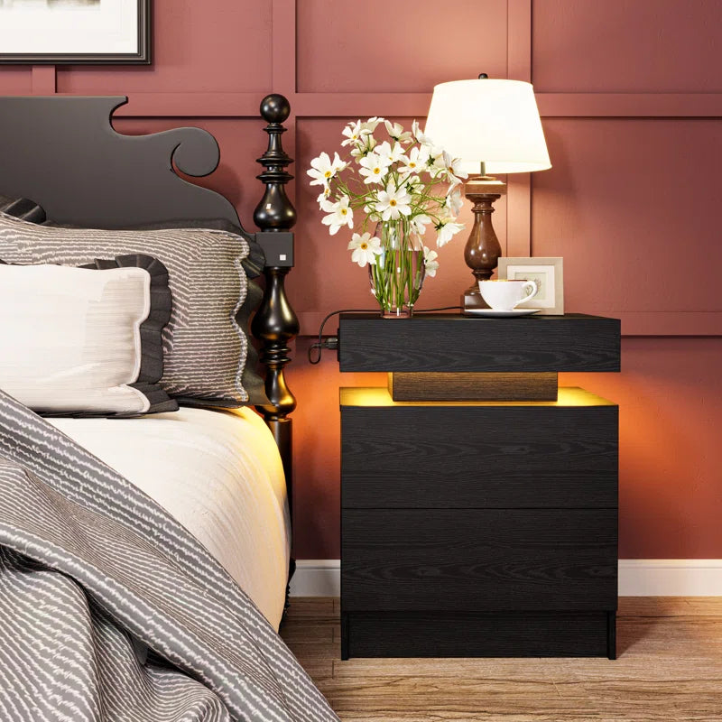 Westerly Modern Style Wooden Nightstand with LED Light and Storage Drawers