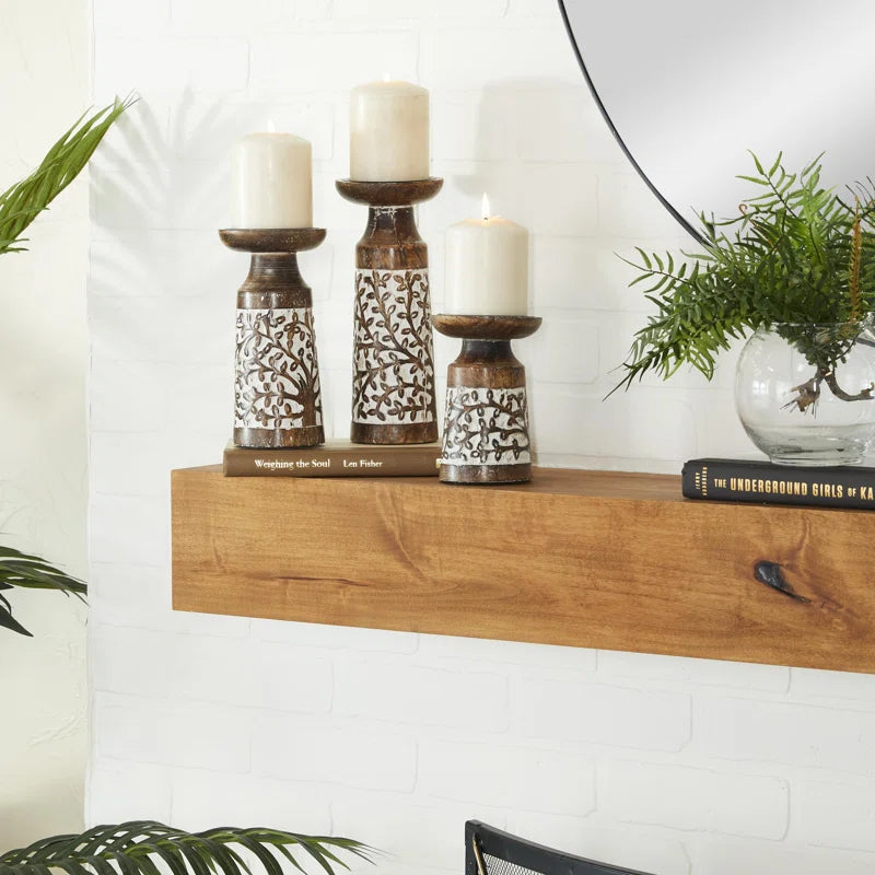 Mango Wood Handmade Minimalistic Bell Shaped Pillar Decorative Brown Candle Holder Set