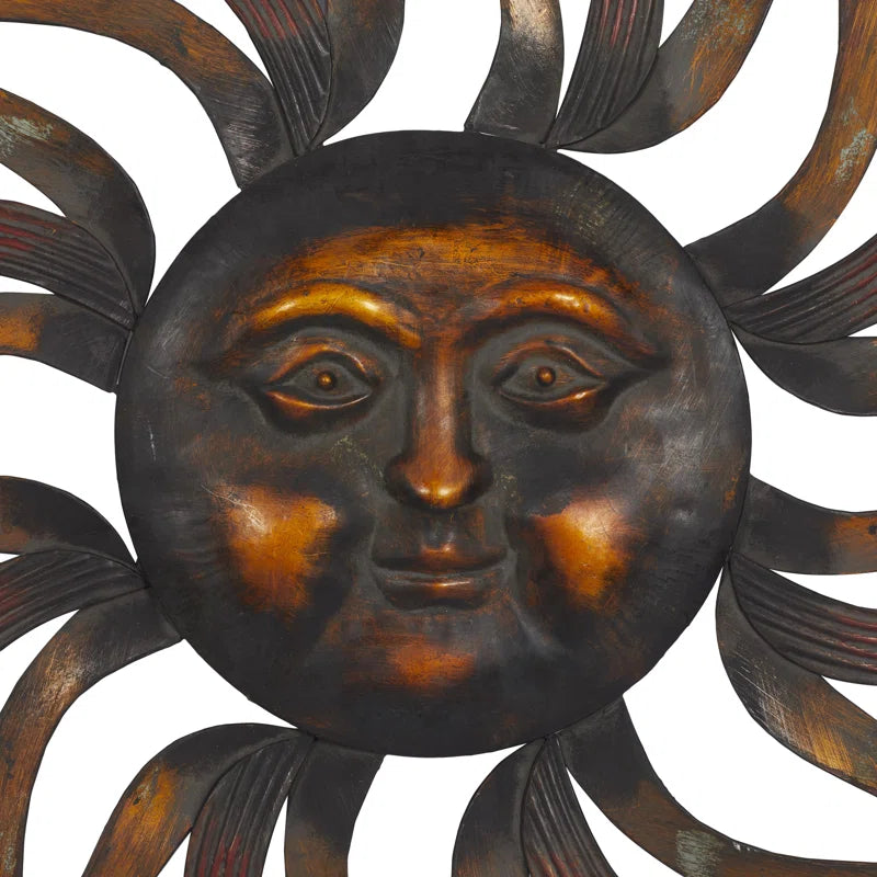Metal Sun Home Wall Decor with Distressed Copper like Finish
