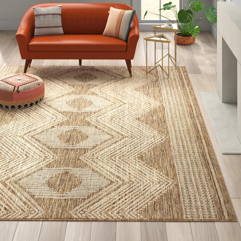 Geometric Indoor/Outdoor Rug for Living Room Patio Deck Front Porch Entryway Hallway Kitchen, Light Brown/Ivory
