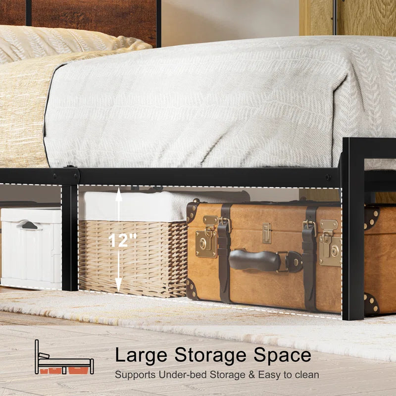 Antioch Bed Frame with LED Light and Charging Station, Metal Frame with Storage Headboard, Large Storage Space, No Spring Box Needed