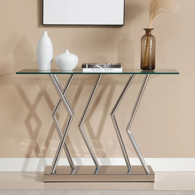 43.3" Tempered Glass Top Console Table with Stainless Steel Base