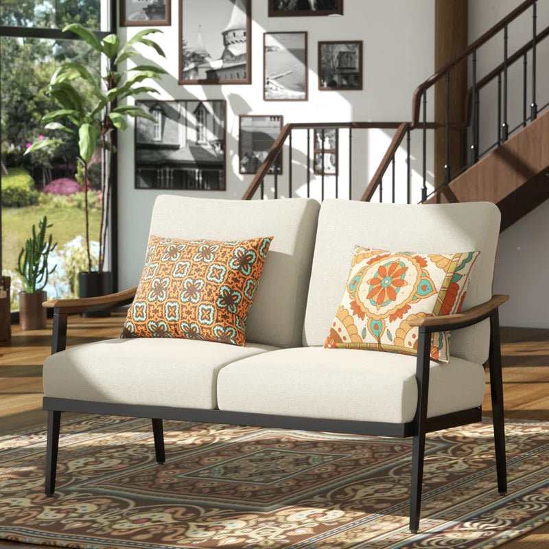 Metal Outdoor&Indoor Person Seating Sofa Patio Loveseat with Wicker Backrest & Cushions