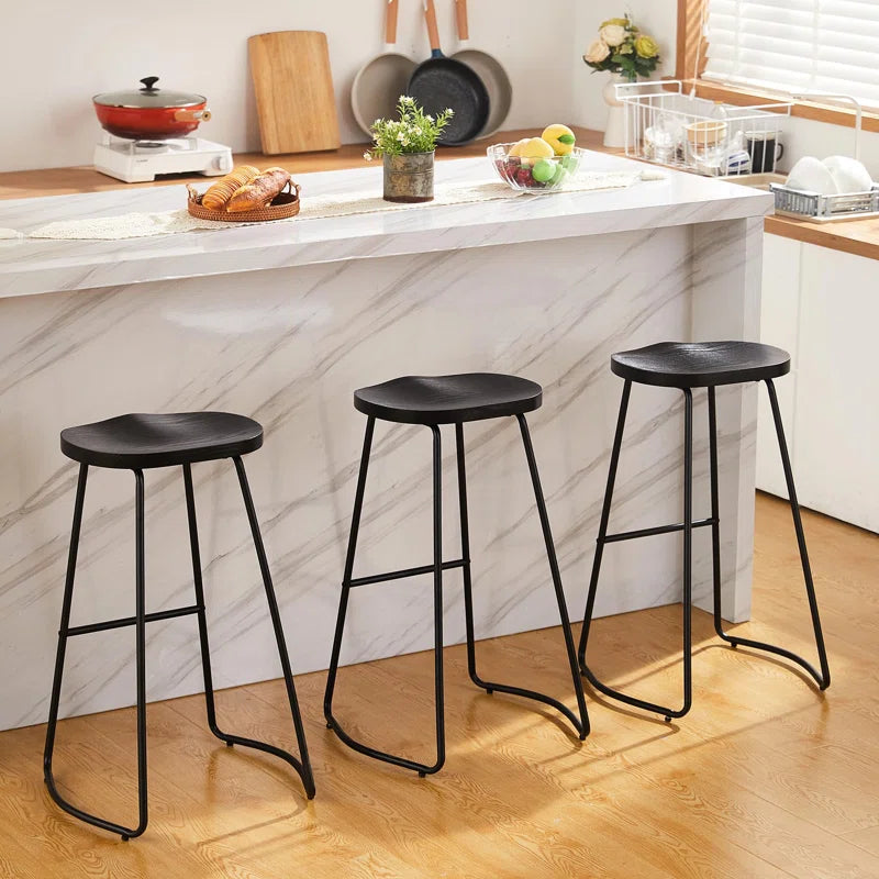Alazia Solid Wood Backless 26/30" Saddle Seat with Footrest Bar Height Stool Set