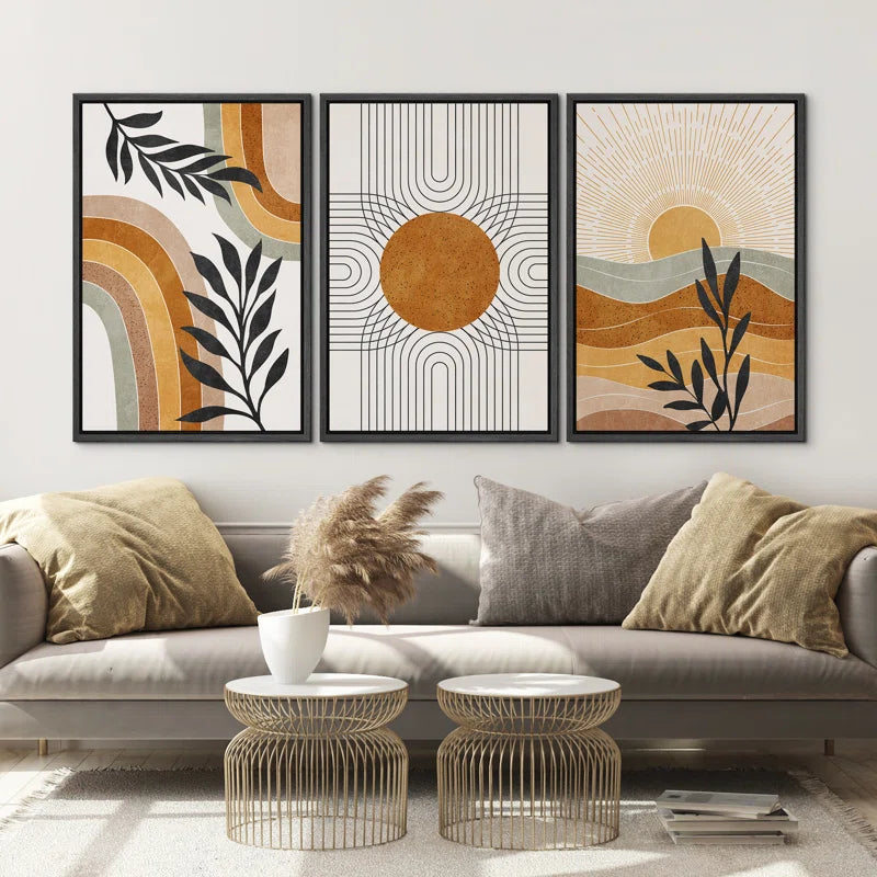 Mid Century Modern Boho Brown Abstract Sun Tropical Plant - Framed 3 Piece Set Canvas Print Picture