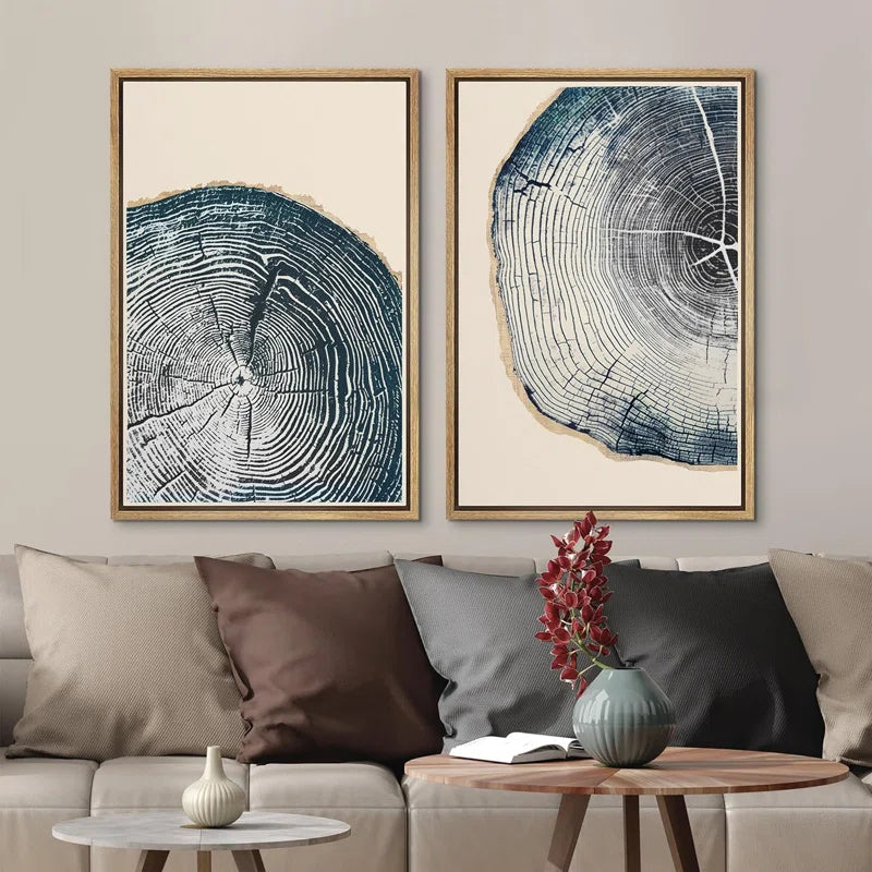 Navy Blue Wood Tree Ring Simple Minimalist Modern Artwork Framed Canvas 2 Pieces Print Wall Art