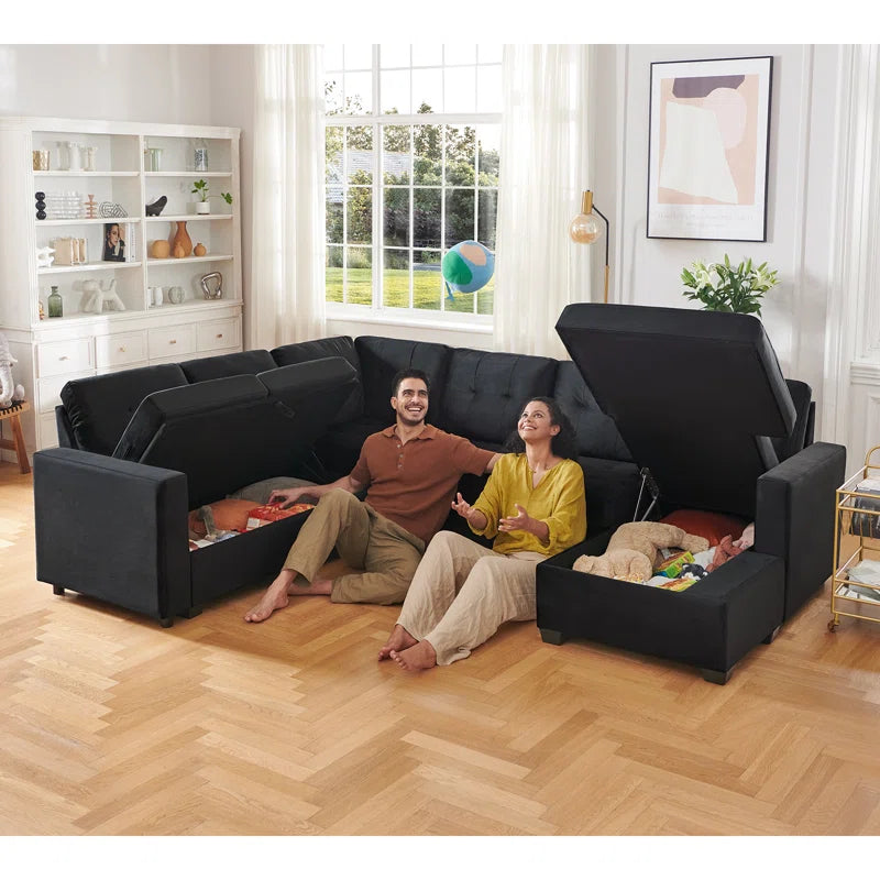 U-Shaped Sleeper Sectional Tufted Sofa Bed with Storage Chaise