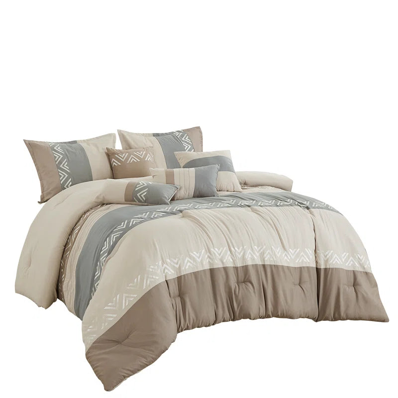 Taupe/Ivory/Light Gray Microfiber 7 Piece Comforter Set