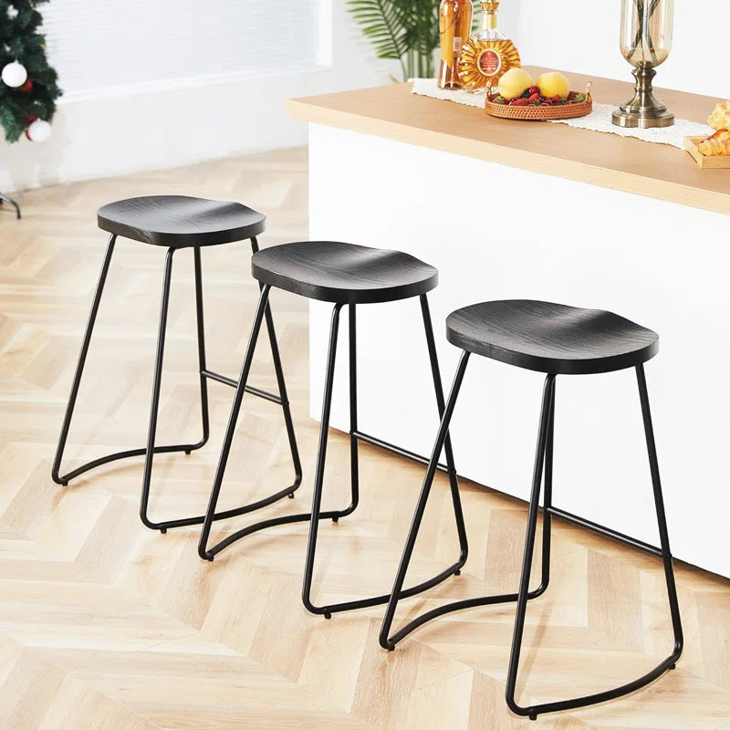 Alazia Solid Wood Backless 26/30" Saddle Seat with Footrest Bar Height Stool Set