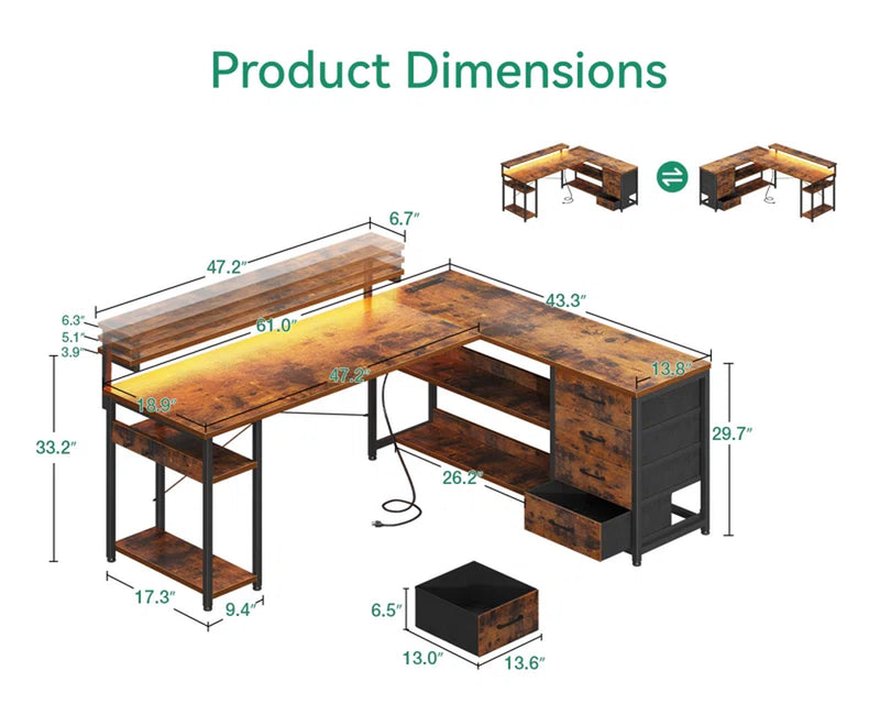 Lymon L-Shaped Metal Base Computer Desk with Power Outlet
