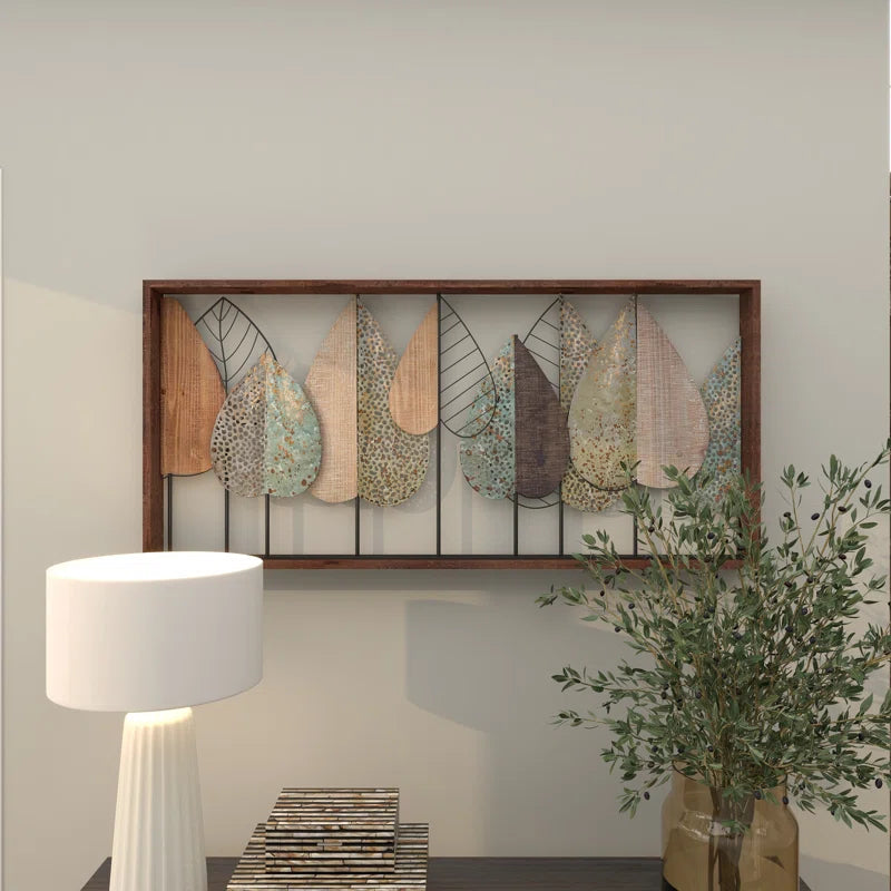 Wood Cutout Leaf Home Wall Decor with Green and Black Metal Wire Accents
