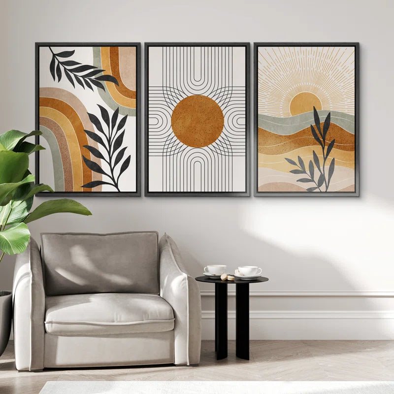 Mid Century Modern Boho Brown Abstract Sun Tropical Plant - Framed 3 Piece Set Canvas Print Picture