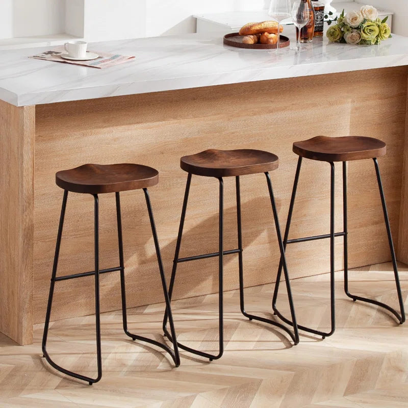 Alazia Solid Wood Backless 26/30" Saddle Seat with Footrest Bar Height Stool Set