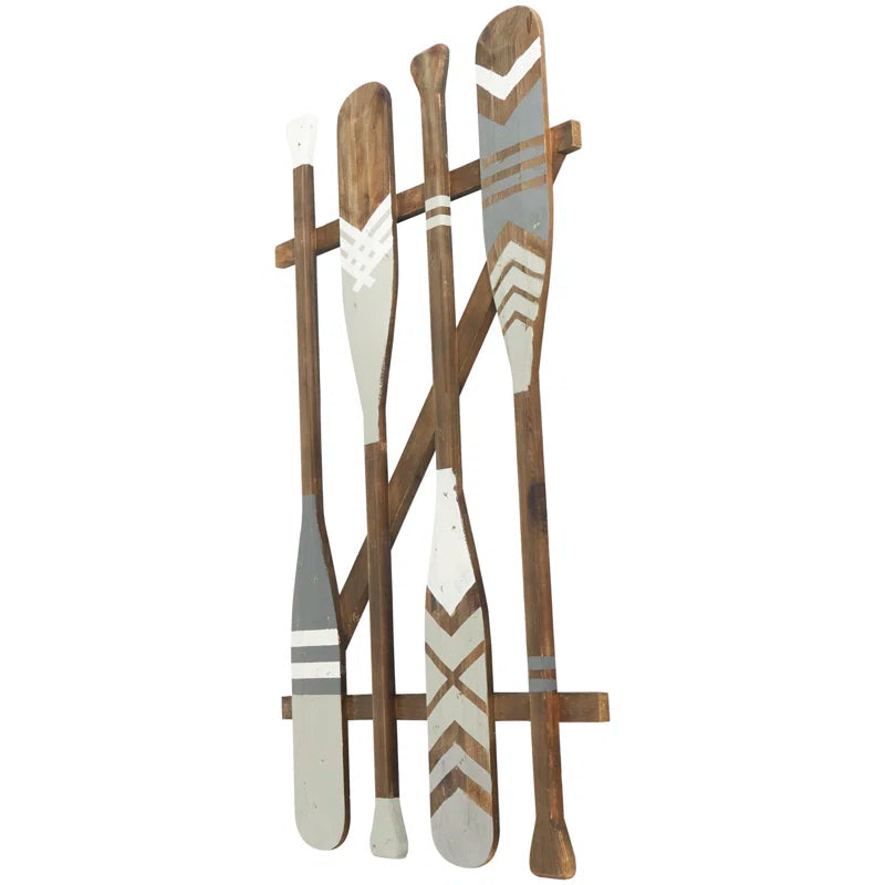Wood Arrow and Stripe Patterned Paddle Home Wall Decor with Muted Blue Accents