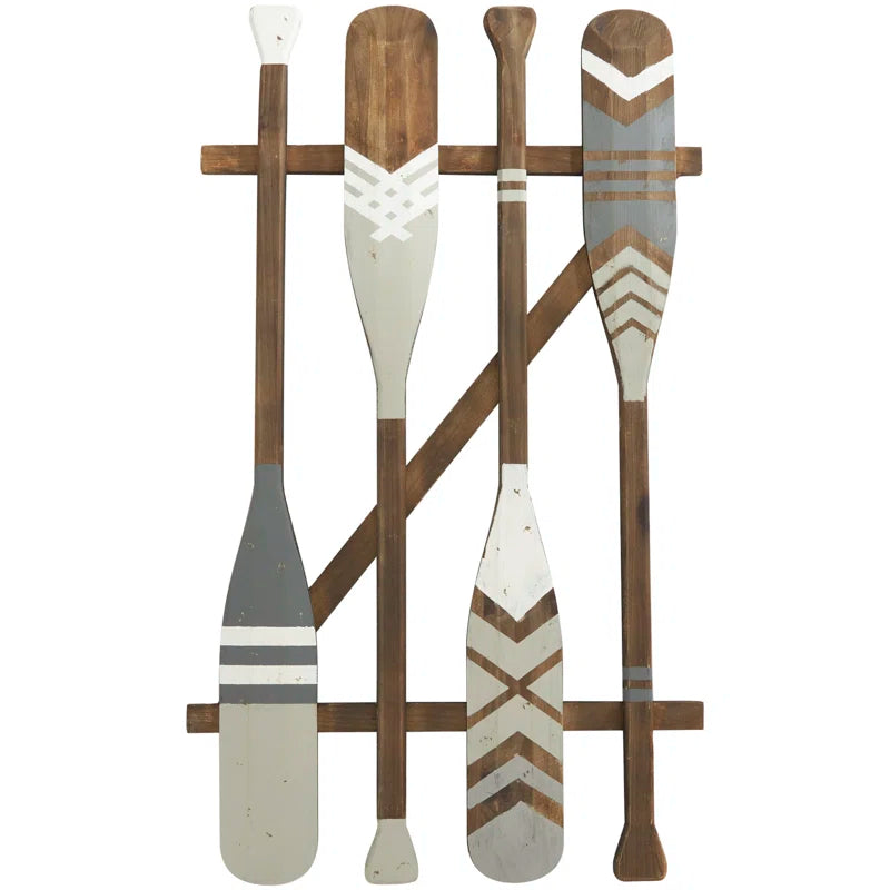 Wood Arrow and Stripe Patterned Paddle Home Wall Decor with Muted Blue Accents
