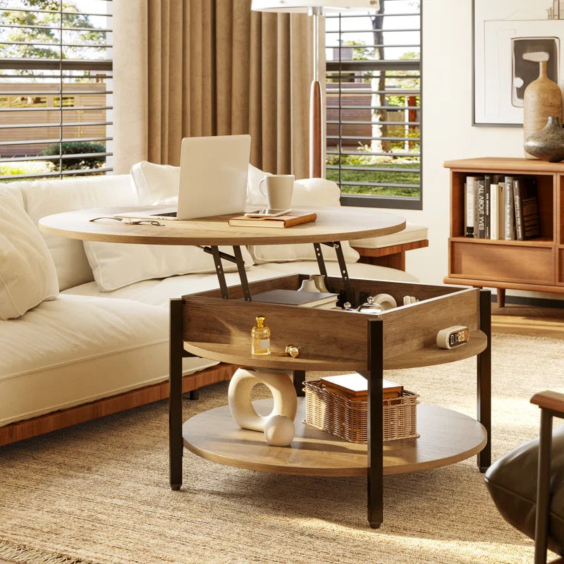 Wynny 27"W round Lift-Top Wood Coffee Table with Storage