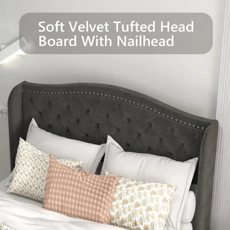 Kassaia Velvet Upholstered Metal Nail Trim Platform Bed with Tufted Headboard and 4 Drawers