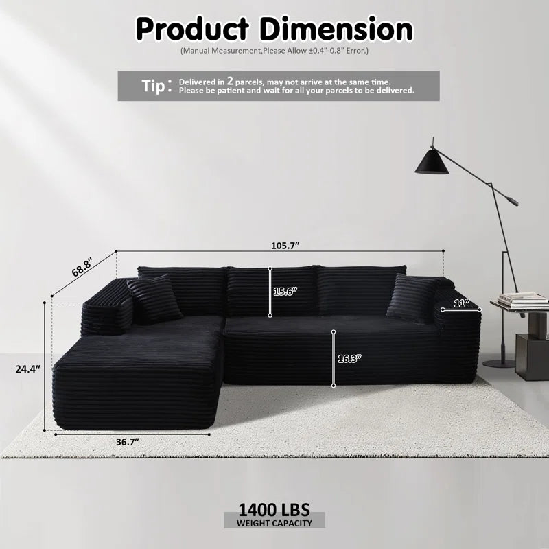 Nathasa 2 - Piece No Assembly Required Upholstery Sofa, Free Combination Cloud Sectional Couch with L-Shape Chaise, Deep Seat Modular Sofa for Living Room Bedroom