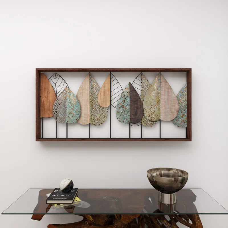 Wood Cutout Leaf Home Wall Decor with Green and Black Metal Wire Accents