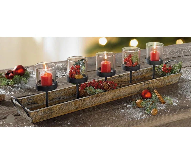5-Pillar Candelabra Centerpiece with Glass Cups and Rustic Wood Tray