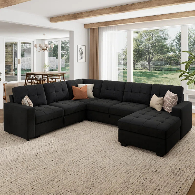 U-Shaped Sleeper Sectional Tufted Sofa Bed with Storage Chaise