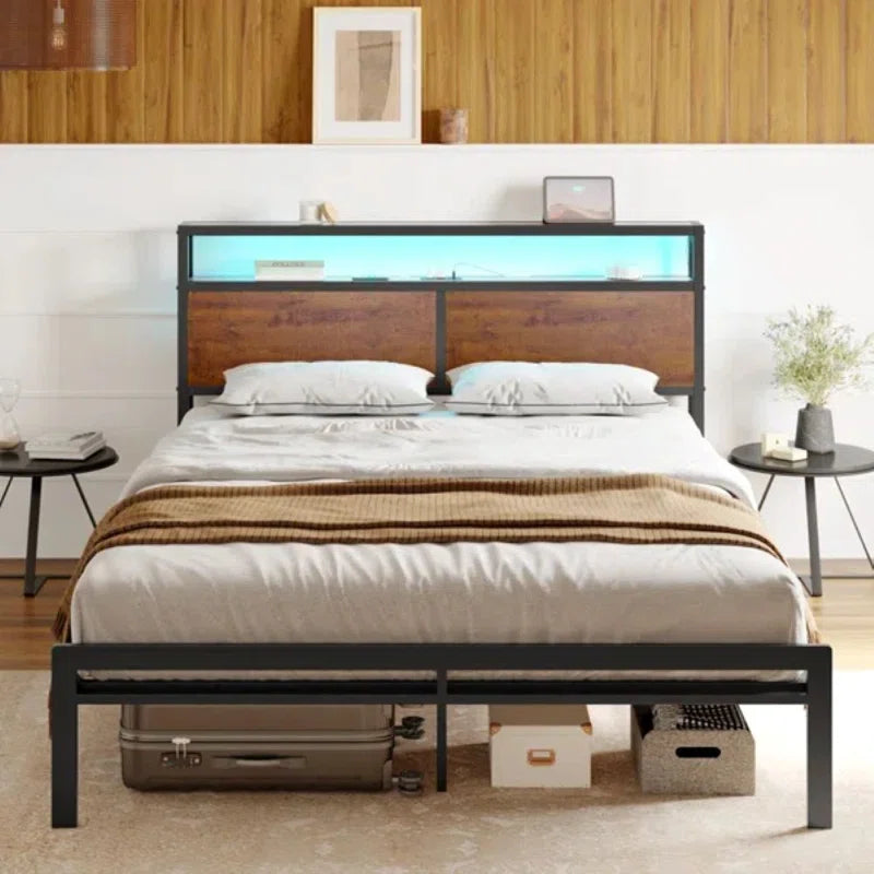 Antioch Bed Frame with LED Light and Charging Station, Metal Frame with Storage Headboard, Large Storage Space, No Spring Box Needed