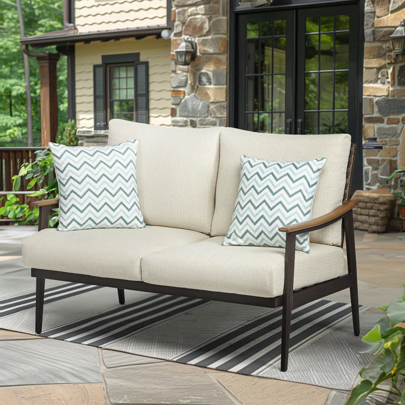 Metal Outdoor&Indoor Person Seating Sofa Patio Loveseat with Wicker Backrest & Cushions