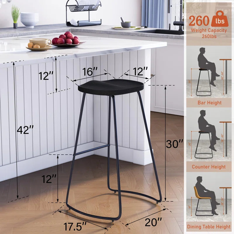 Alazia Solid Wood Backless 26/30" Saddle Seat with Footrest Bar Height Stool Set