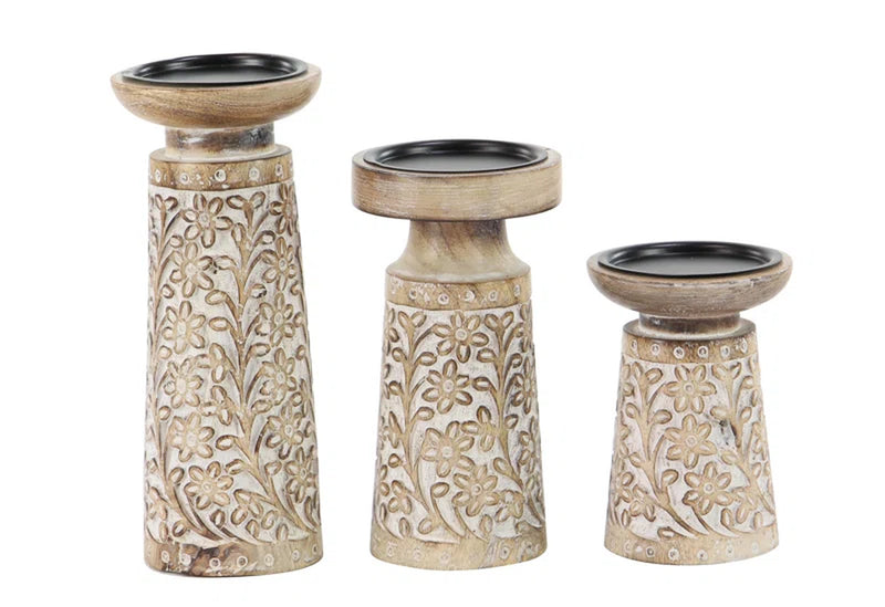 Mango Wood Handmade Minimalistic Bell Shaped Pillar Decorative Brown Candle Holder Set