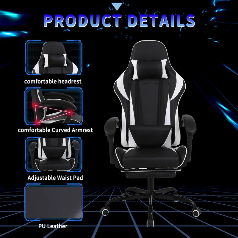 Ergonomic Gaming Chair Faux Leather Reclining Swiveling PC & Racing Massage Video Game Chair with Footrest