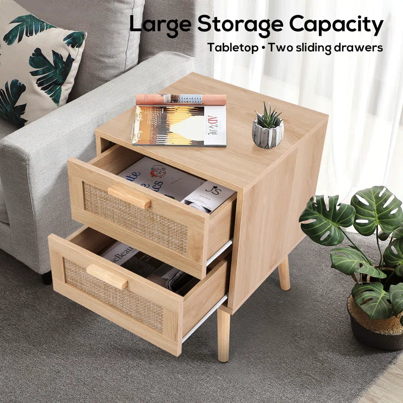 Spurlin Rattan Nightstand with 2 Storage Drawers