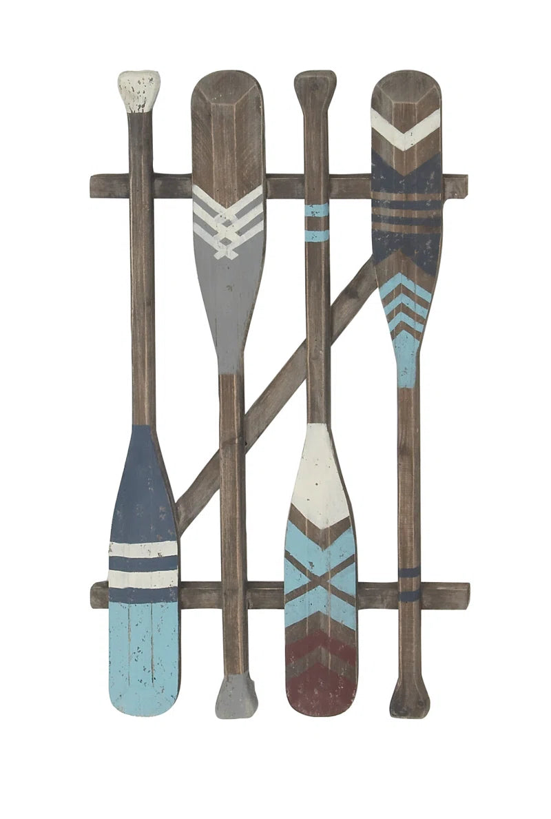 Wood Arrow and Stripe Patterned Paddle Home Wall Decor with Muted Blue Accents