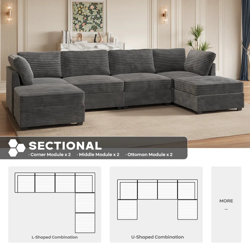 Corduroy Section Sofa Combination, 4 Seats, with Ottoman, Can Be Combined at Will